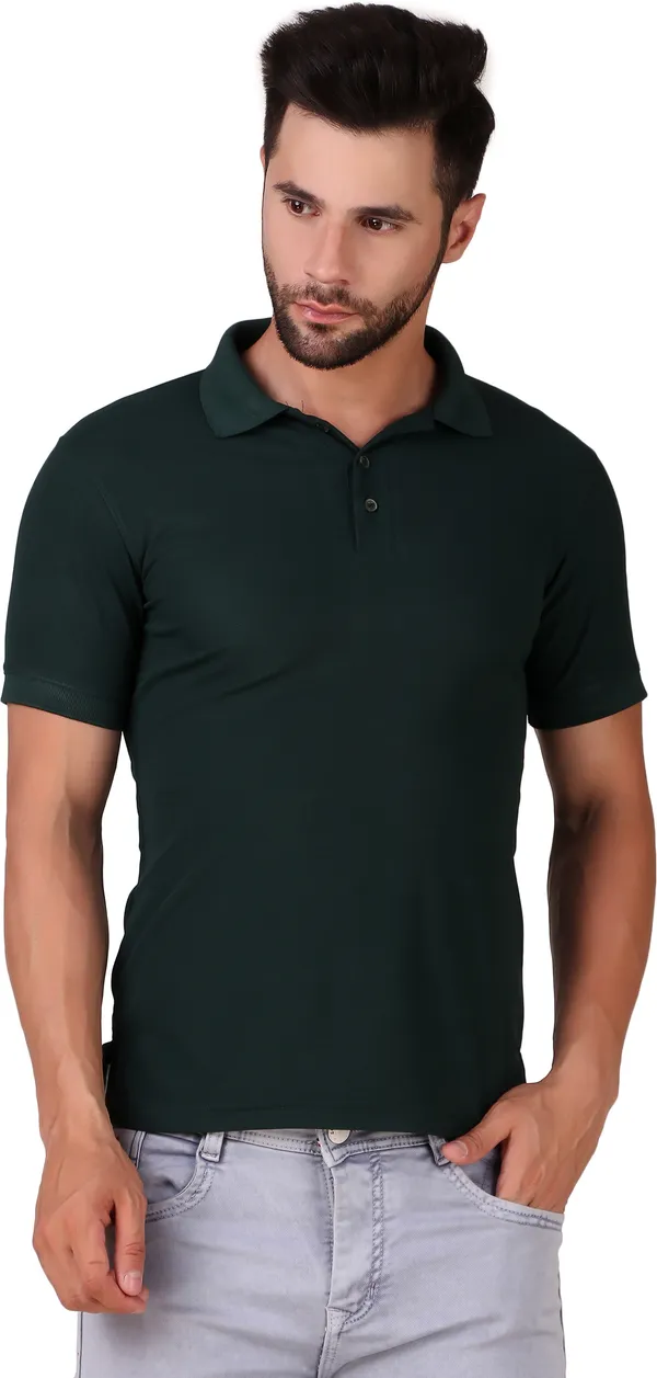 Dark_Green_Polyester_Solid_Polo_Neck_T-Shirt_For_Men