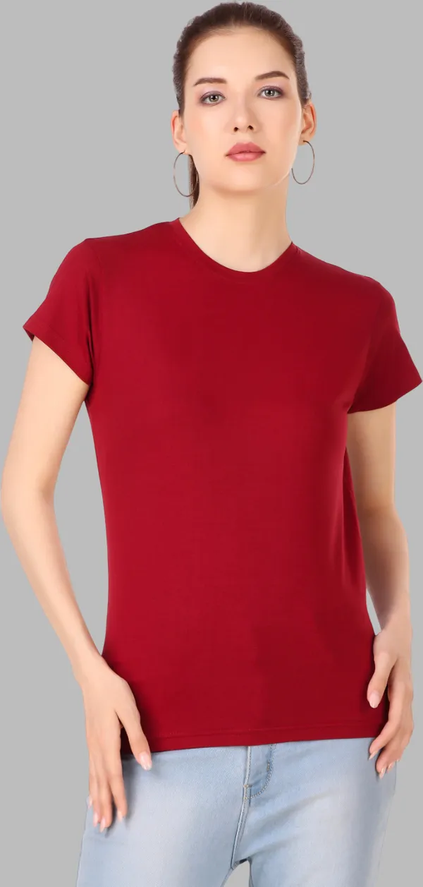 Maroon_Cotton_Blend_Solid_Round_Neck_T-Shirt_For_Women