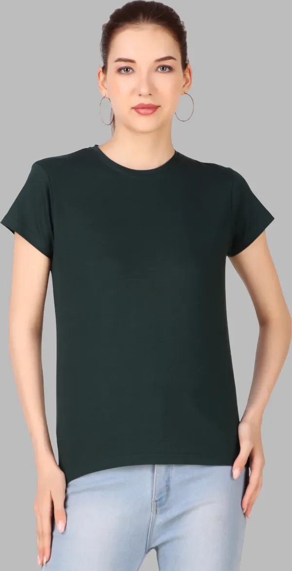 Dark_Green_Cotton_Blend_Solid_Round_Neck_T-Shirt_For_Women