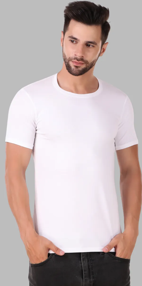 White_Cotton_Blend_Solid_Round_Neck_T-Shirt_For_Men