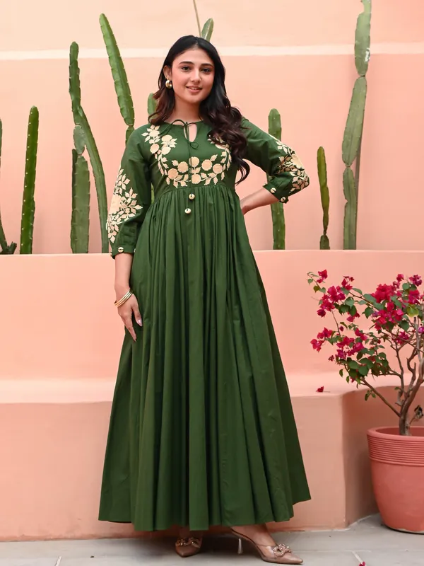 Dark_Green_Cotton_Embroidered_Dress_For_Women