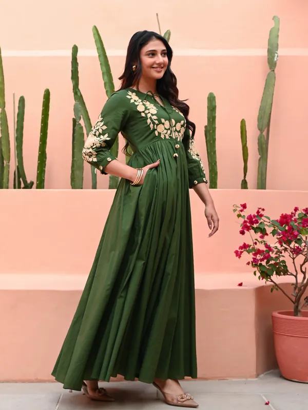 Dark_Green_Cotton_Embroidered_Dress_For_Women
