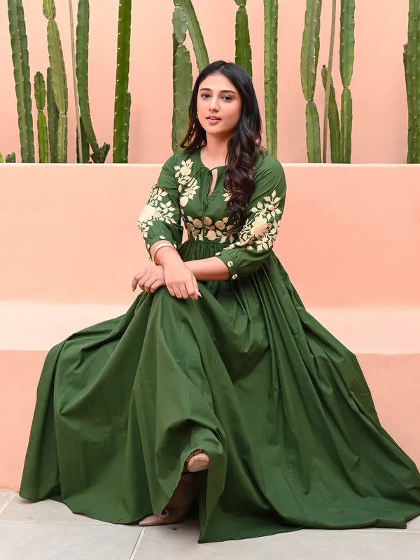 Dark_Green_Cotton_Embroidered_Dress_For_Women