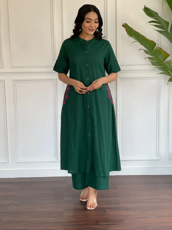 Dark_Green_Cotton_Embroidered_Kurta_Palazzo_Set_For_Women