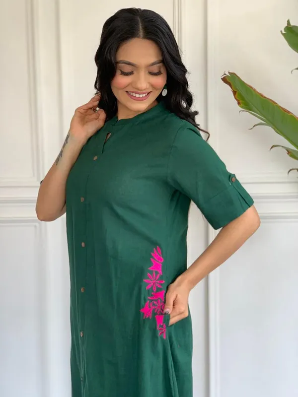 Dark_Green_Cotton_Embroidered_Kurta_Palazzo_Set_For_Women