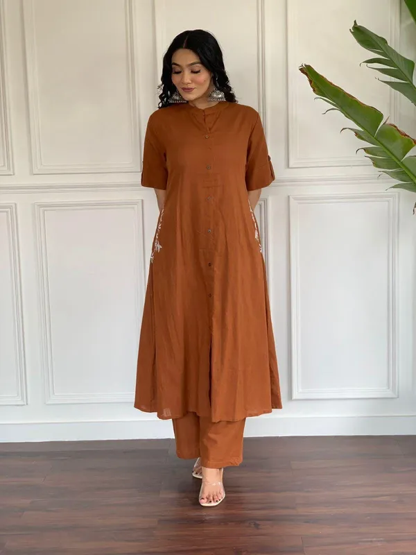 Brown_Rust_Cotton_Embroidered_Kurta_Palazzo_Set_For_Women