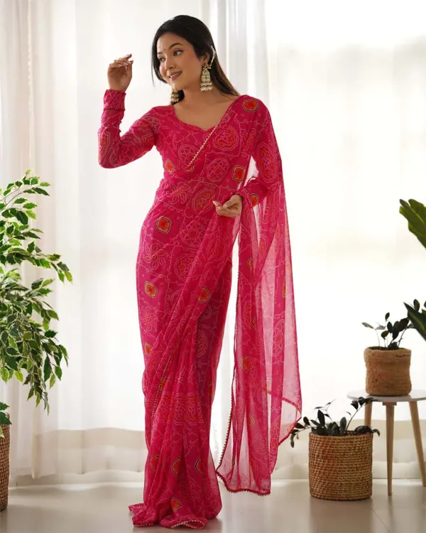 1_Min_Ready_To_Wear_Imported_Georgette_Bandhej_Saree_With_Heavy_Blouse