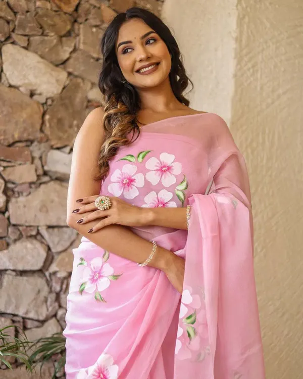 New_One_Minute_Ready_To_Wear_Pink_Colour_Pure_Soft_Georgette_Multi_Colour_Flowered_Design_Saree_With_Pink_Unstitched_Blouse