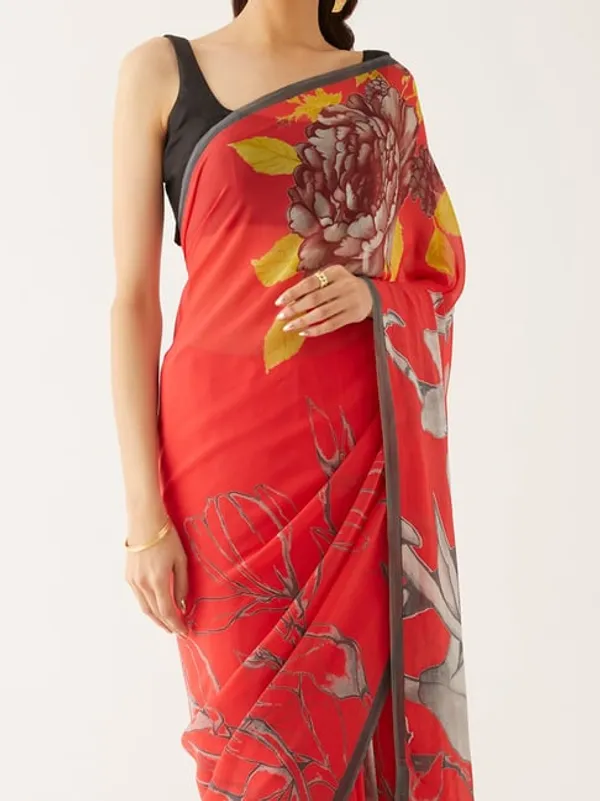 Taneira_Red_Floral_Print_Saree_With_Unstitched_Blouse
