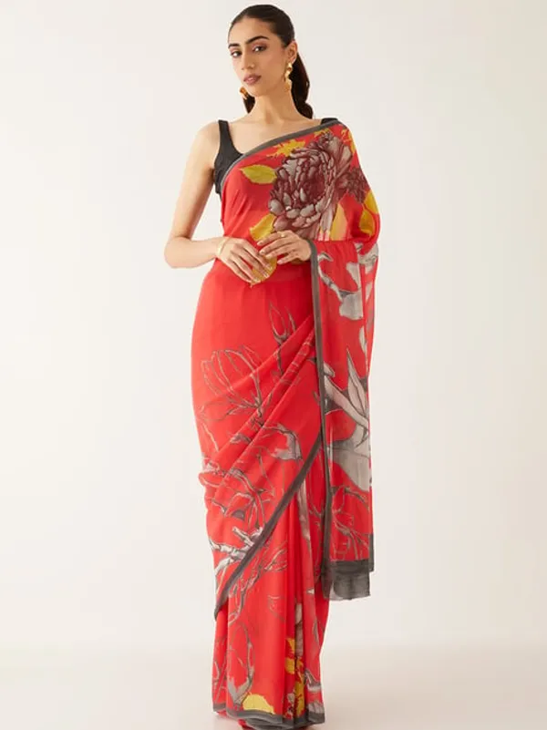 Taneira_Red_Floral_Print_Saree_With_Unstitched_Blouse