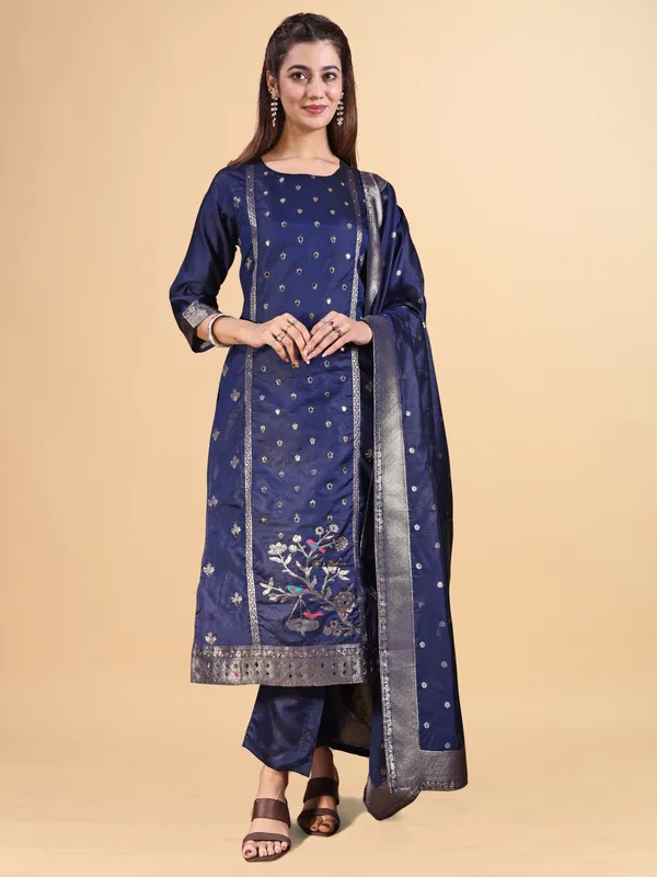 Navy_Blue_Silk_Jequrd_Three-Quarter_Sleeves_Mirror_Work_Kurta_Set_With_Dupatta