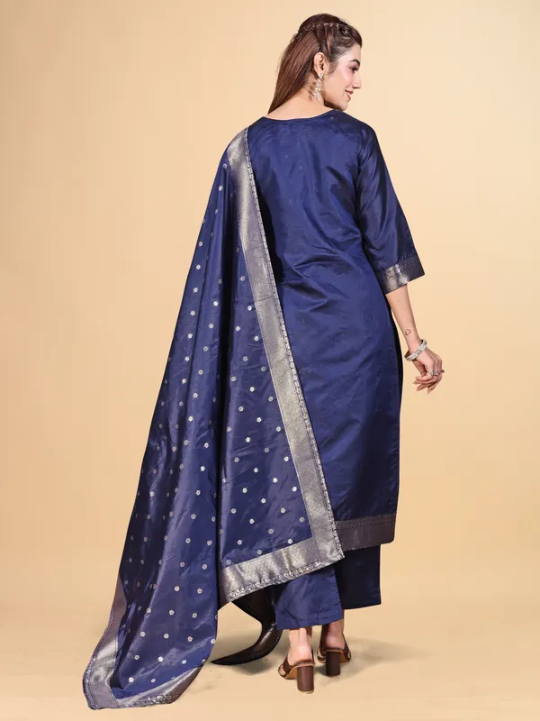 Navy_Blue_Silk_Jequrd_Three-Quarter_Sleeves_Mirror_Work_Kurta_Set_With_Dupatta