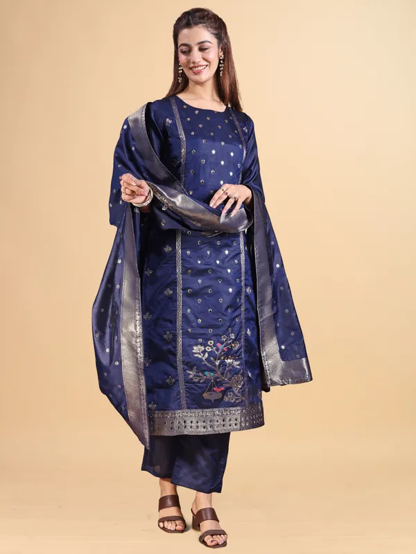 Navy_Blue_Silk_Jequrd_Three-Quarter_Sleeves_Mirror_Work_Kurta_Set_With_Dupatta