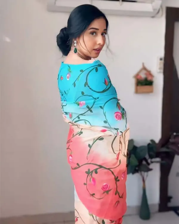 Enthralling_1-Minute_Ready_To_Wear_Firozi_And_Pink_Georgette_Saree