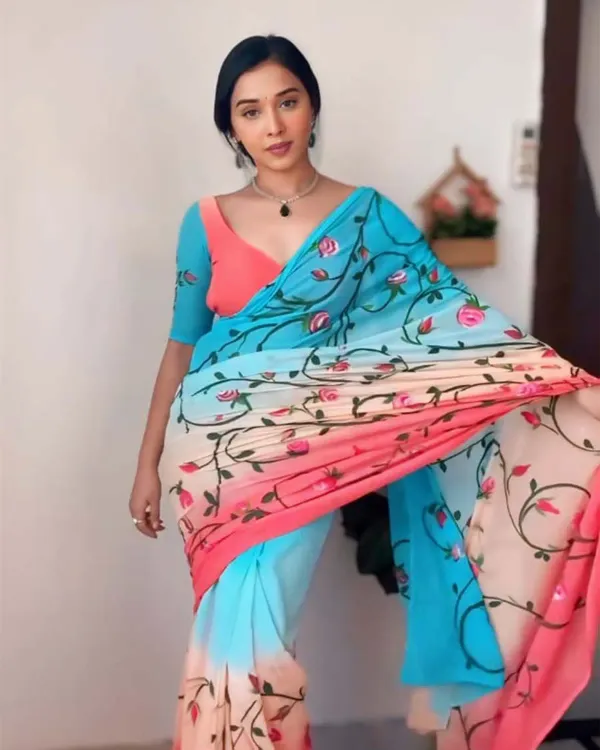 Enthralling_1-Minute_Ready_To_Wear_Firozi_And_Pink_Georgette_Saree