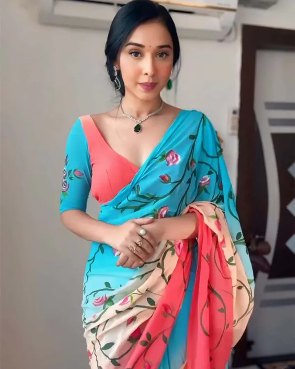 Enthralling_1-Minute_Ready_To_Wear_Firozi_And_Pink_Georgette_Saree