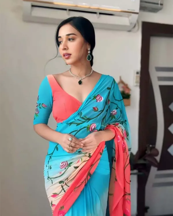 Enthralling_1-Minute_Ready_To_Wear_Firozi_And_Pink_Georgette_Saree