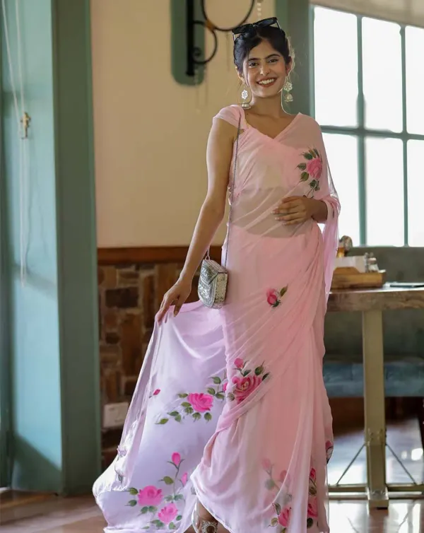Ready_To_Wear_Pink_Georgette_Saree_With_Hand-Painted_Roses