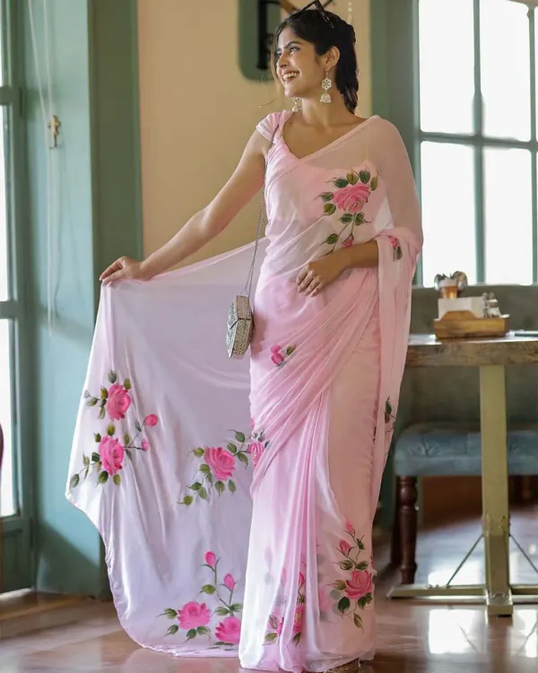 Ready_To_Wear_Pink_Georgette_Saree_With_Hand-Painted_Roses