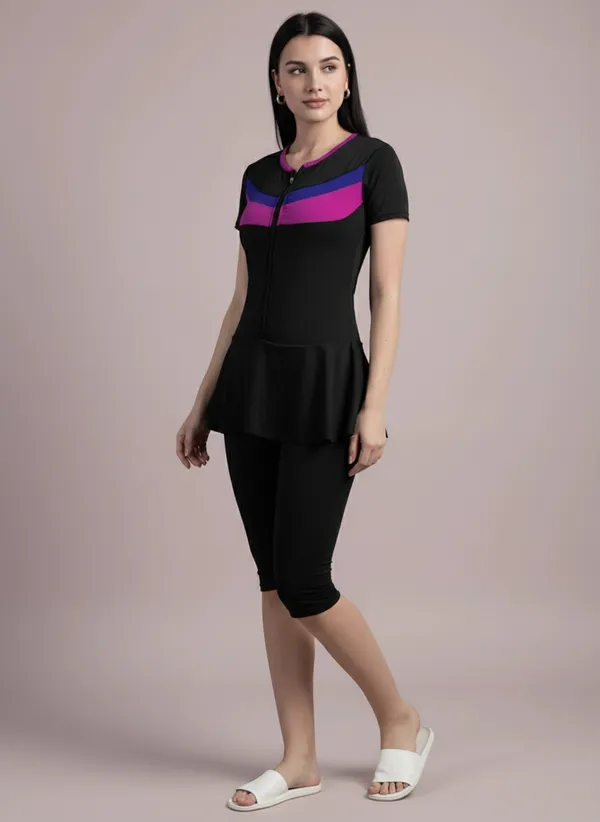 Black_Color_Block_Knee_Length_Frock_Style_Padded_One_Piece_Swimwear_For_Women_&_Girls