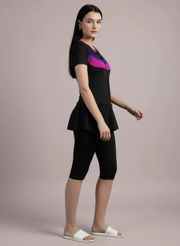Black_Color_Block_Knee_Length_Frock_Style_Padded_One_Piece_Swimwear_For_Women_&_Girls