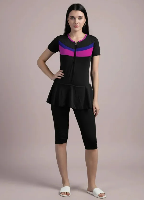 Black_Color_Block_Knee_Length_Frock_Style_Padded_One_Piece_Swimwear_For_Women_&_Girls