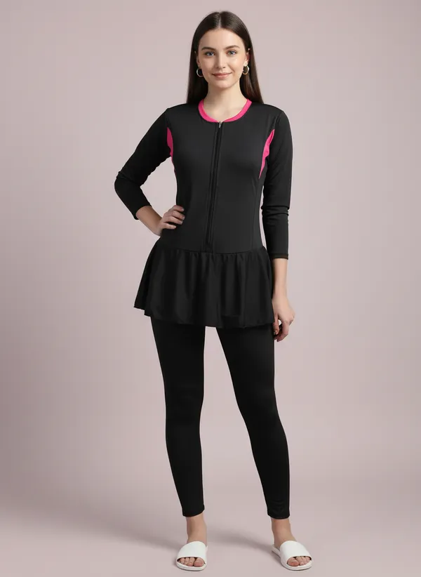 Black_Front_Zipper_Full_Coverage_Padded_Bodysuit_One_Piece_Swimwear_For_Women_&_Girls