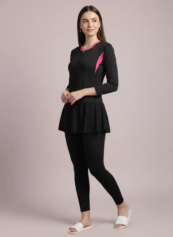 Black_Front_Zipper_Full_Coverage_Padded_Bodysuit_One_Piece_Swimwear_For_Women_&_Girls