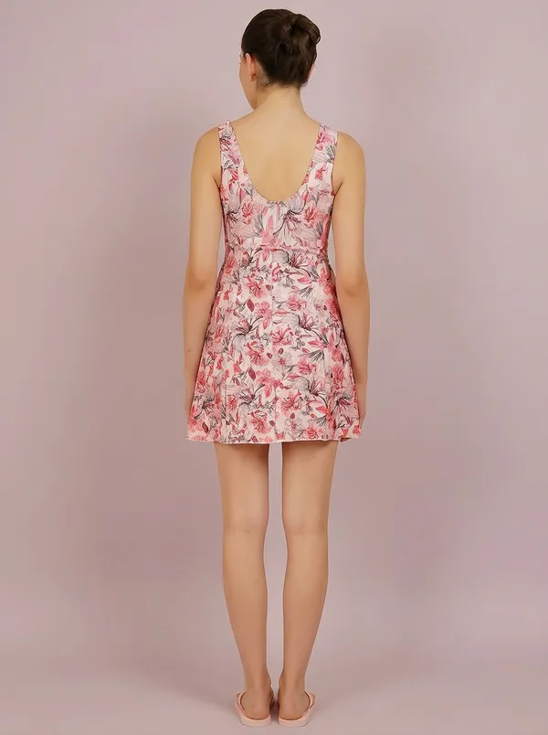Pink_&_Wine_Athletic_Printed_Frock_Style_Front_Knot_Attached_Short_One_Piece_Swimdress_For_Women_&_Girls