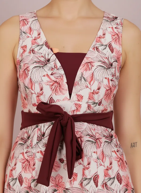 Pink_&_Wine_Athletic_Printed_Frock_Style_Front_Knot_Attached_Short_One_Piece_Swimdress_For_Women_&_Girls