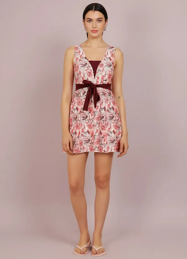 Pink_&_Wine_Athletic_Printed_Frock_Style_Front_Knot_Attached_Short_One_Piece_Swimdress_For_Women_&_Girls