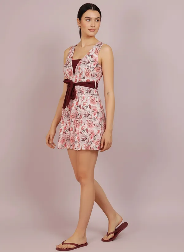 Pink_&_Wine_Athletic_Printed_Frock_Style_Front_Knot_Attached_Short_One_Piece_Swimdress_For_Women_&_Girls