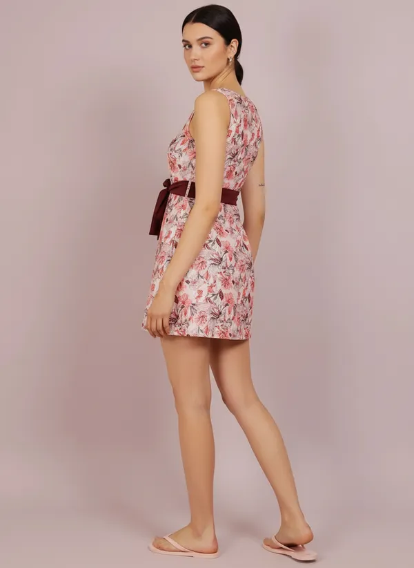 Pink_&_Wine_Athletic_Printed_Frock_Style_Front_Knot_Attached_Short_One_Piece_Swimdress_For_Women_&_Girls