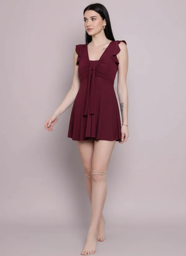 Wine_Padded_4-Way_Stretch_Quick_Dry_One_Piece_Swimming_Dress_With_Attached_Shorts_For_Women_&_Girls