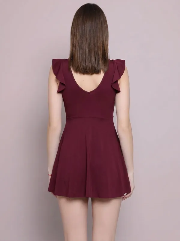 Wine_Padded_4-Way_Stretch_Quick_Dry_One_Piece_Swimming_Dress_With_Attached_Shorts_For_Women_&_Girls