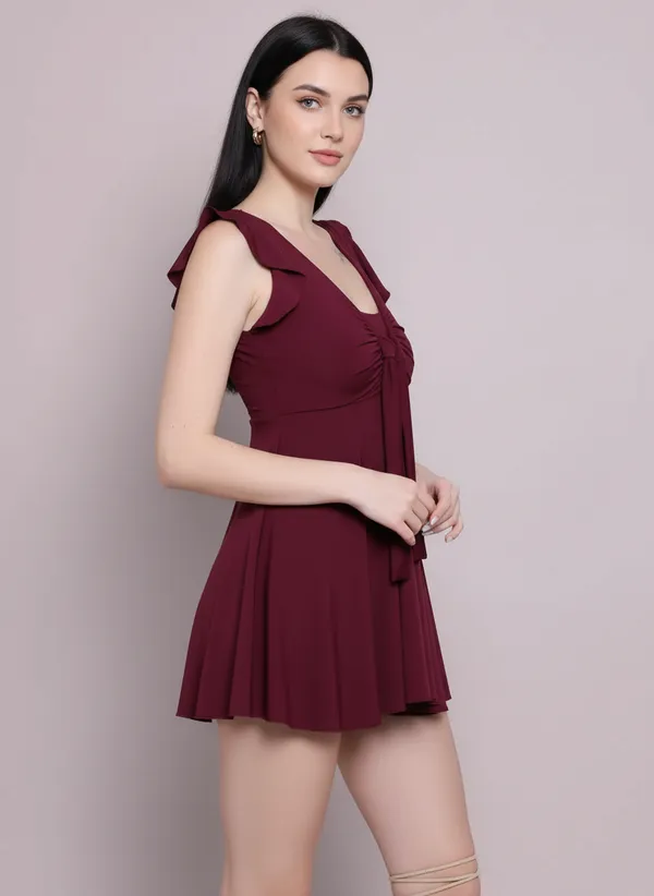 Wine_Padded_4-Way_Stretch_Quick_Dry_One_Piece_Swimming_Dress_With_Attached_Shorts_For_Women_&_Girls