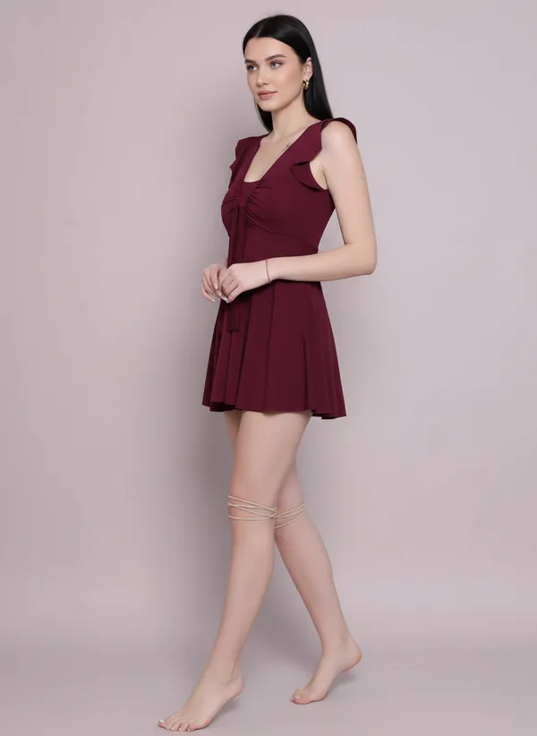 Wine_Padded_4-Way_Stretch_Quick_Dry_One_Piece_Swimming_Dress_With_Attached_Shorts_For_Women_&_Girls