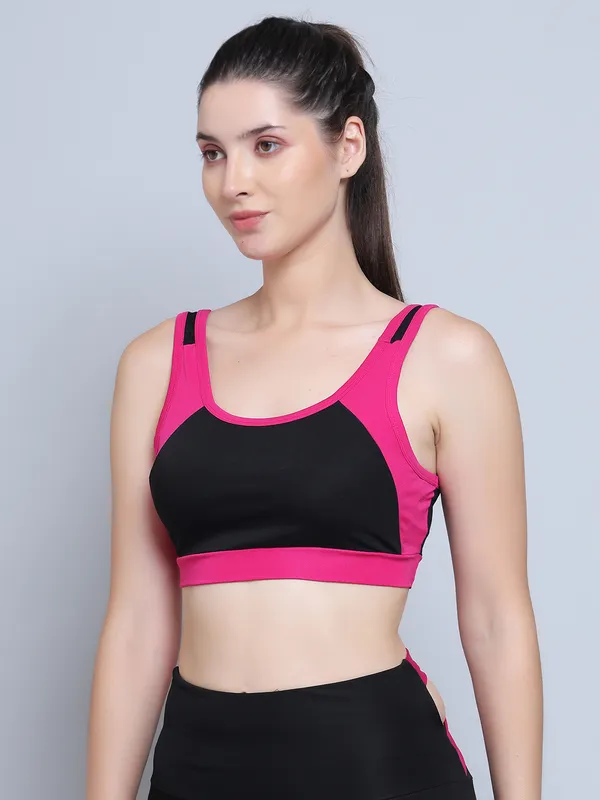 BlackMagenta_Dry_Fit_Athleisure_Padded_Crop_Top_Full_Coverage_Medium_Impact_with_Antimicrobial_&_Sweat_Wicking_Longline_Active_Energy_Sports_Bra_for_Womens