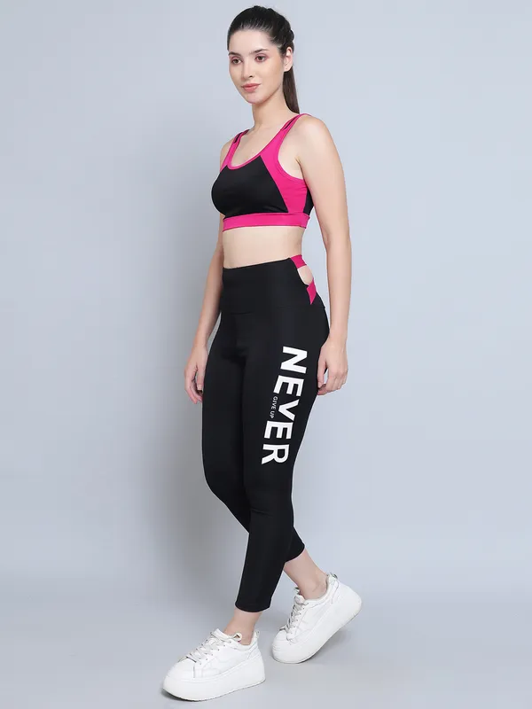 BlackMagenta_Activewear_Workout_Yoga_Gym_Tights_&_Crop_Top_Sports_Bra_Set/Fitness_Yoga_Exercise_Color_Blocked_Co-ords_Sets