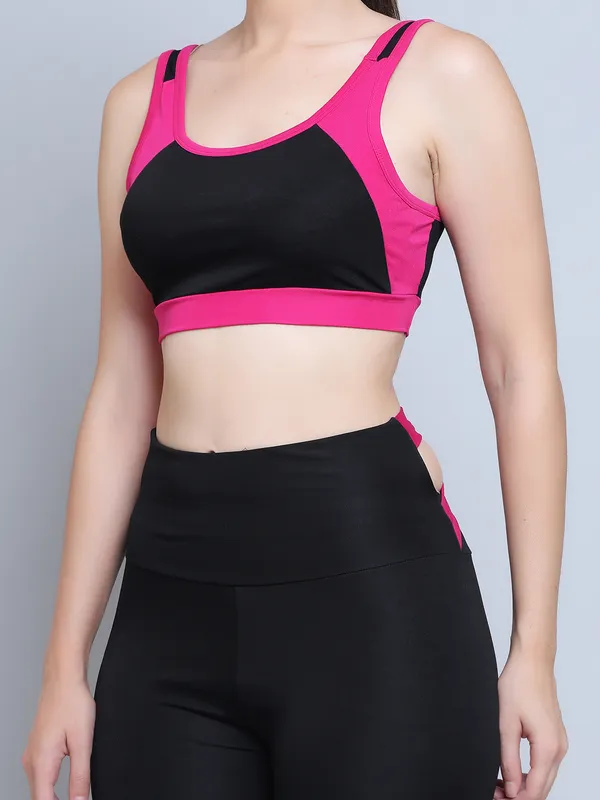 BlackMagenta_Activewear_Workout_Yoga_Gym_Tights_&_Crop_Top_Sports_Bra_Set/Fitness_Yoga_Exercise_Color_Blocked_Co-ords_Sets