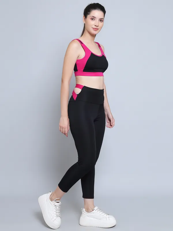 BlackMagenta_Activewear_Workout_Yoga_Gym_Tights_&_Crop_Top_Sports_Bra_Set/Fitness_Yoga_Exercise_Color_Blocked_Co-ords_Sets