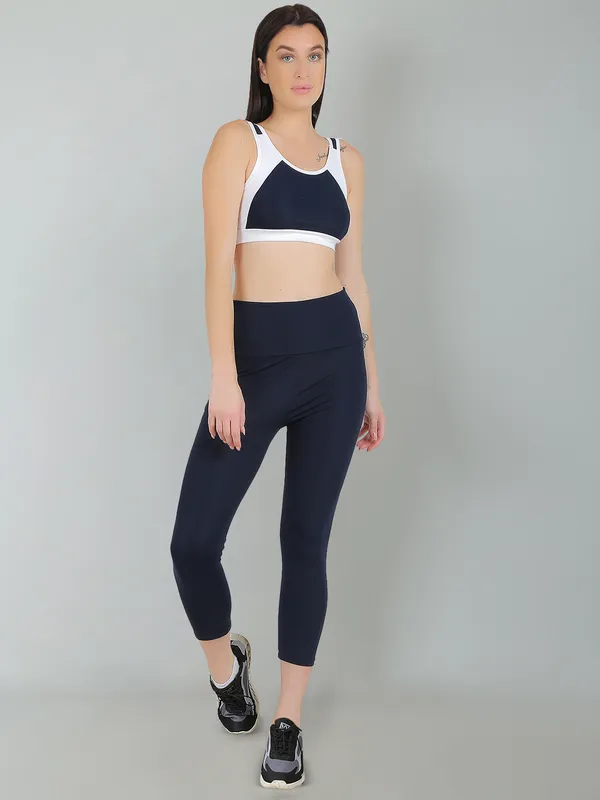 NavyWhite_Activewear_Workout_Yoga_Gym_Tights_&_Crop_Top_Sports_Bra_Set/Fitness_Yoga_Exercise_Color_Blocked_Co-ords_Sets