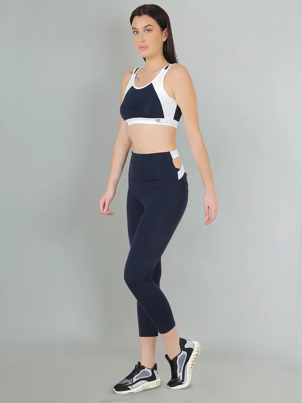 NavyWhite_Activewear_Workout_Yoga_Gym_Tights_&_Crop_Top_Sports_Bra_Set/Fitness_Yoga_Exercise_Color_Blocked_Co-ords_Sets