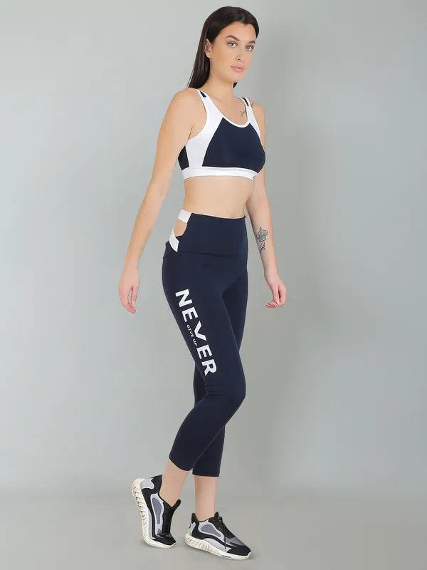 NavyWhite_Activewear_Workout_Yoga_Gym_Tights_&_Crop_Top_Sports_Bra_Set/Fitness_Yoga_Exercise_Color_Blocked_Co-ords_Sets