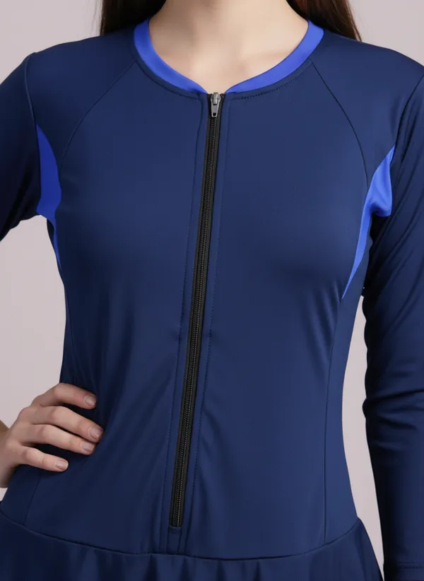 Navy_&_Royal_Blue_Front_Zipper_Full_Coverage_Padded_Bodysuit_One_Piece_Swimwear_For_Women_&_Girls