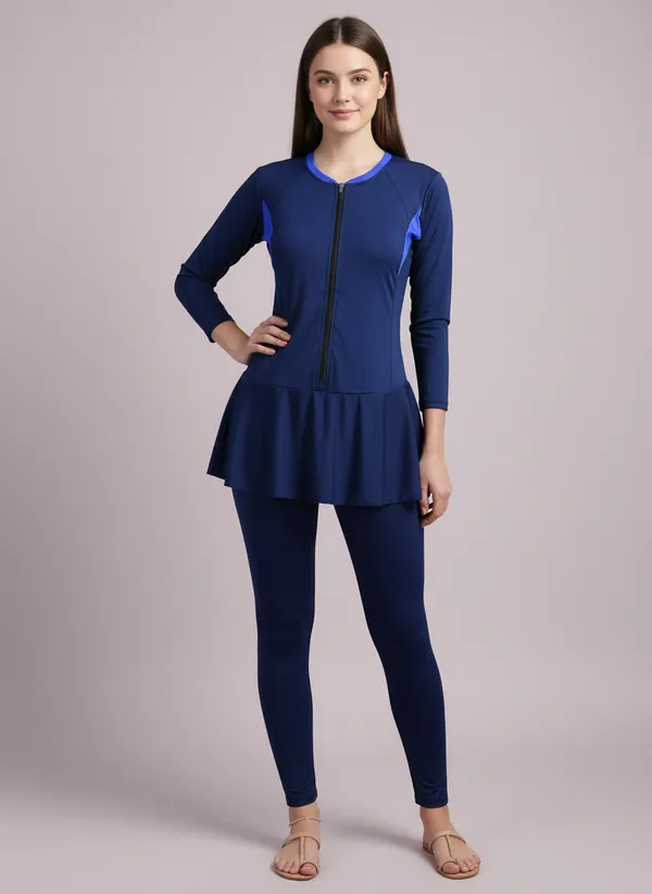 Navy_&_Royal_Blue_Front_Zipper_Full_Coverage_Padded_Bodysuit_One_Piece_Swimwear_For_Women_&_Girls