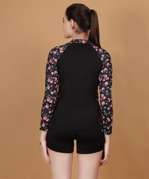 Black_3_Piece_Zipper_Rash_Guard_T-Shirt_Swimsuits_With_Tank_Bikini_Top_&_High_Waist_Boyshort_For_Women_&_Girls