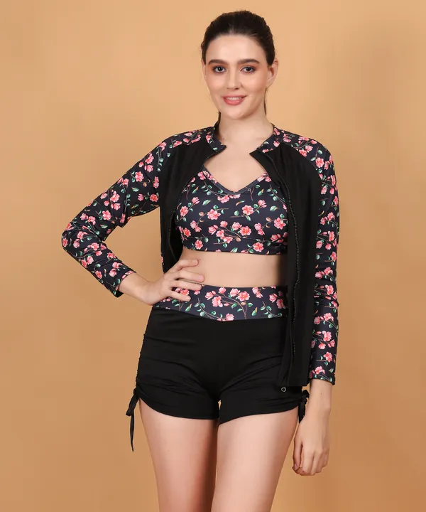 Black_3_Piece_Zipper_Rash_Guard_T-Shirt_Swimsuits_With_Tank_Bikini_Top_&_High_Waist_Boyshort_For_Women_&_Girls