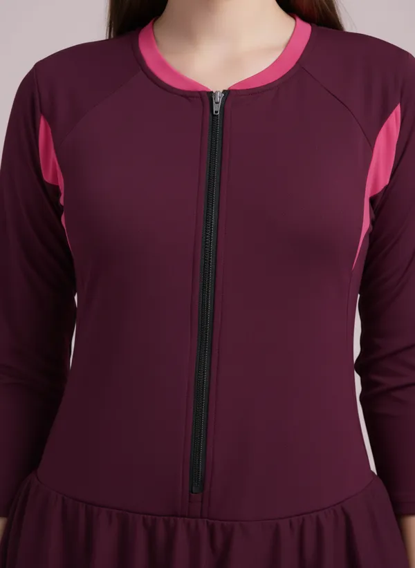 Wine_Front_Zipper_Full_Coverage_Padded_Bodysuit_One_Piece_Swimwear_For_Women_&_Girls