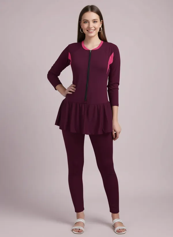 Wine_Front_Zipper_Full_Coverage_Padded_Bodysuit_One_Piece_Swimwear_For_Women_&_Girls